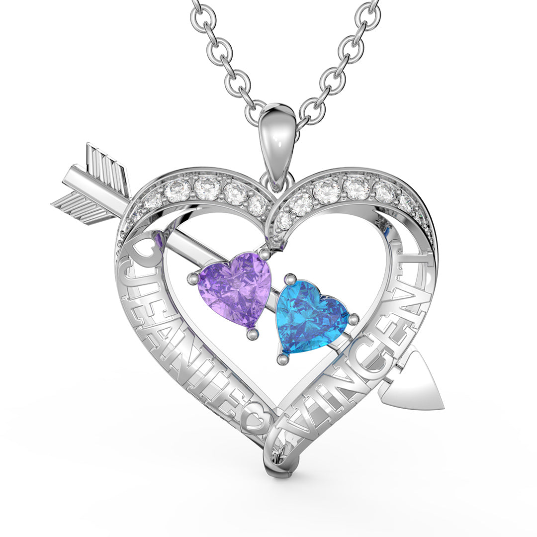 3D Custom 2 Birthstones Pendant Personalized 2 Names Heart Necklace - White Gold - Geme
