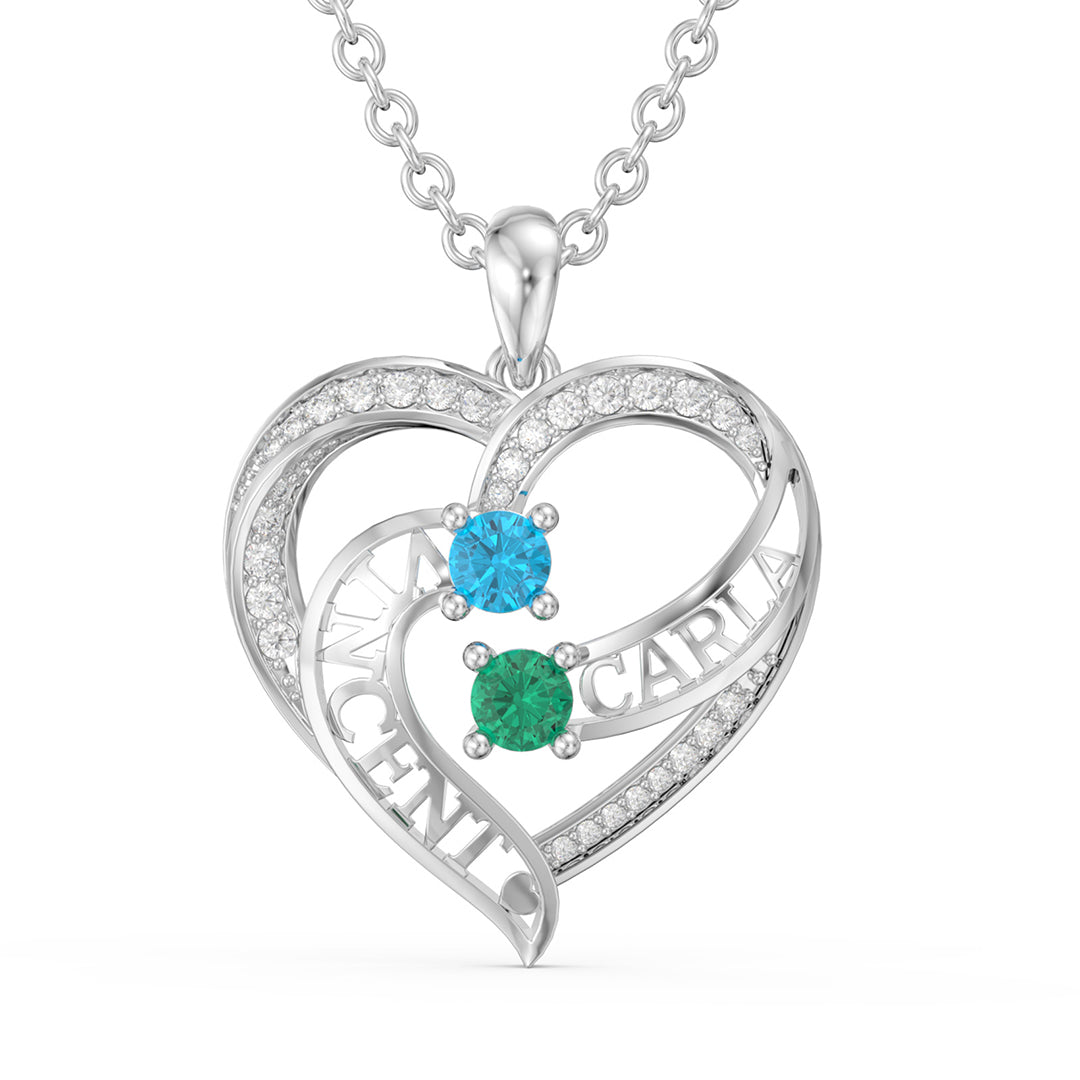 3D Custom 2 Birthstones Personalized 2 Names Heart Necklace - White Gold - Geme