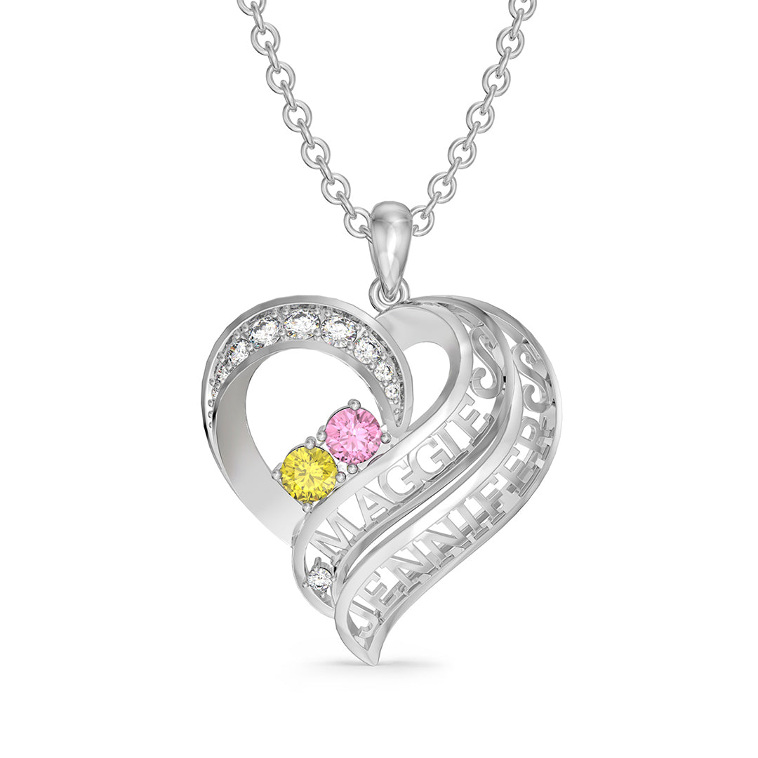 3D Custom 2 Birthstones Personalized 2 Names Heart Shaped Necklace - White Gold - Geme