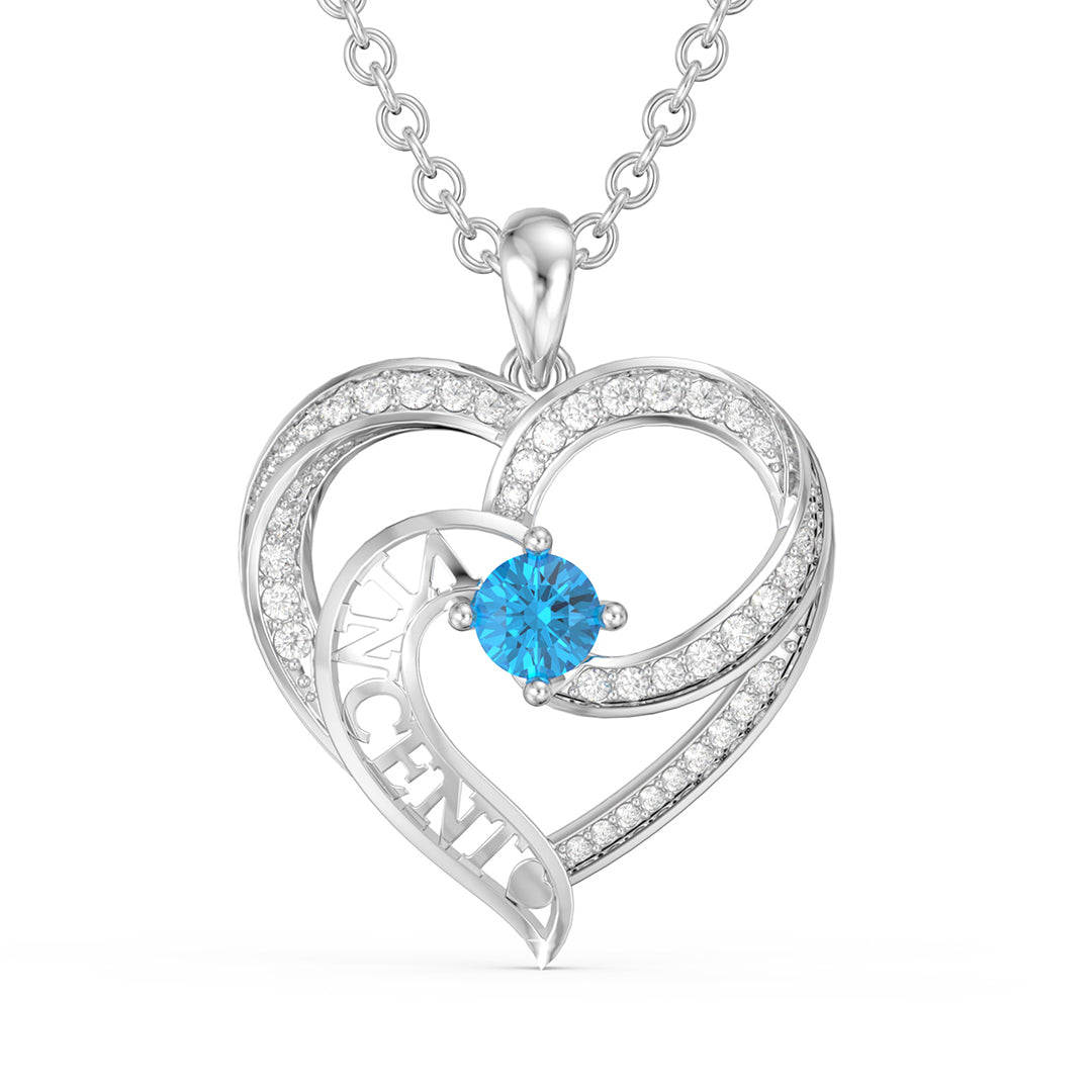 3D Custom Birthstone Personalized Name Heart Necklace - White Gold - Geme