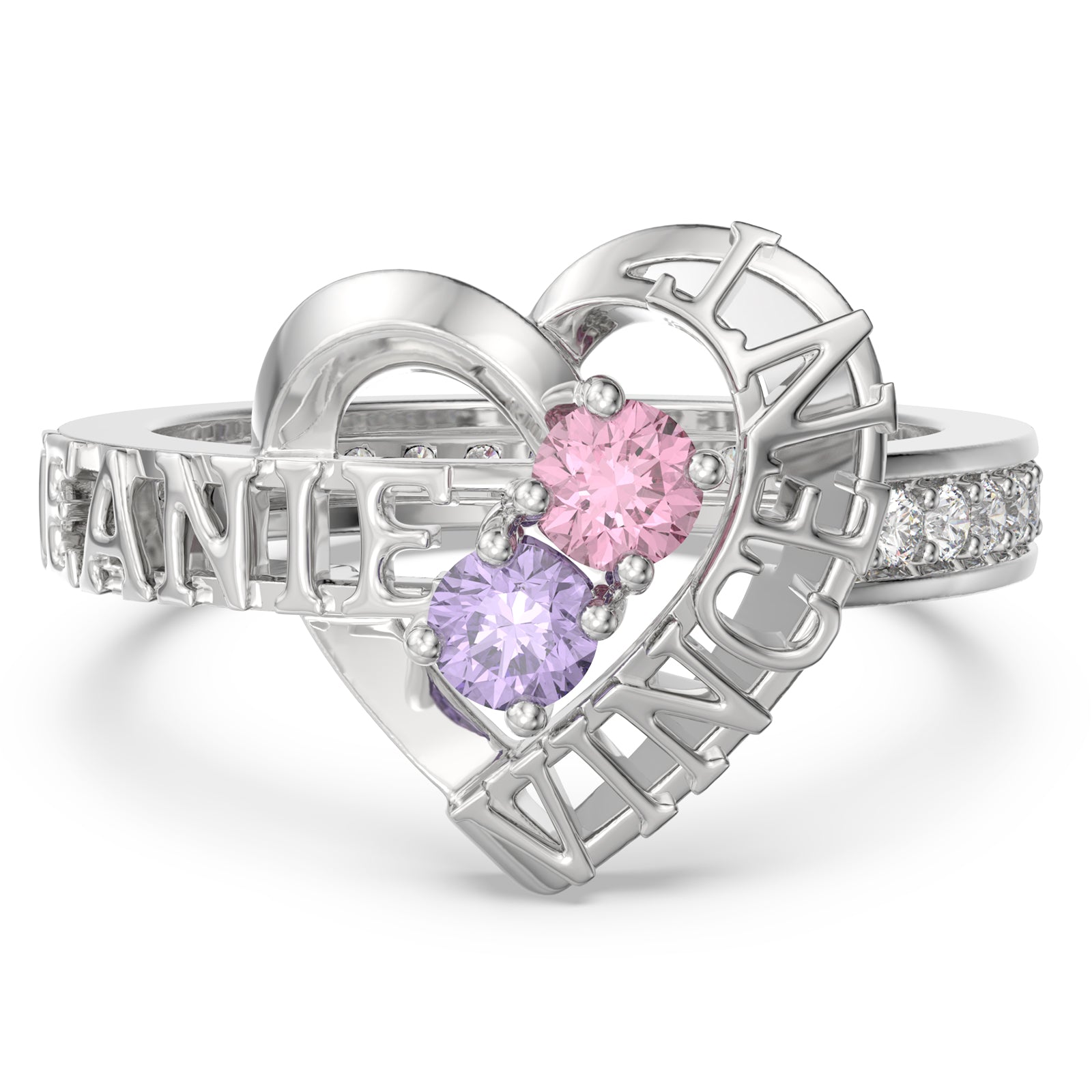 3D Custom 2 Birthstones & 2 Names Heart Shape Family Ring
