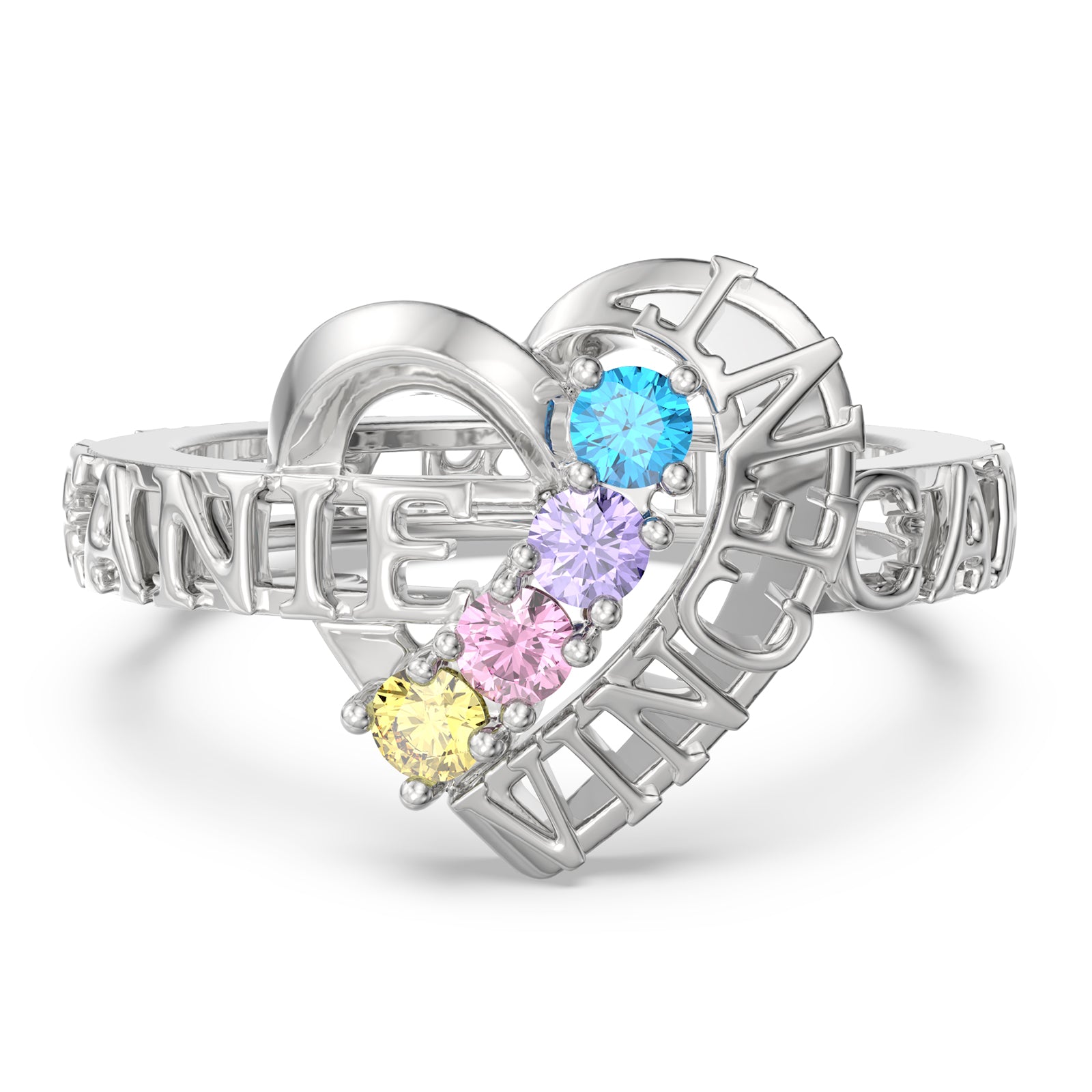 3D Custom 4 Birthstones & 4 Names Heart Shape Family Ring