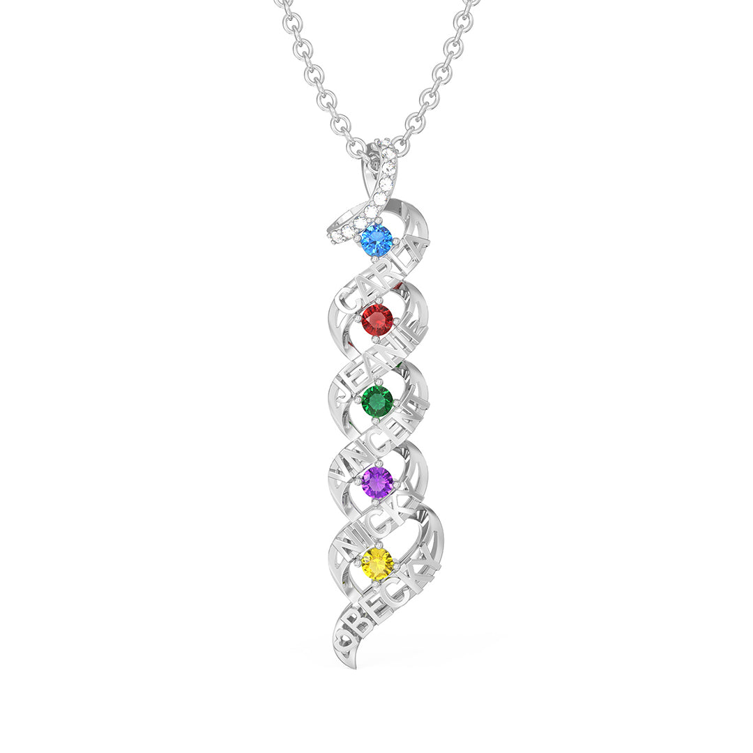 Custom 5 Names 5 Birthstones Cascading Pendant Family Necklace - Silver - Geme
