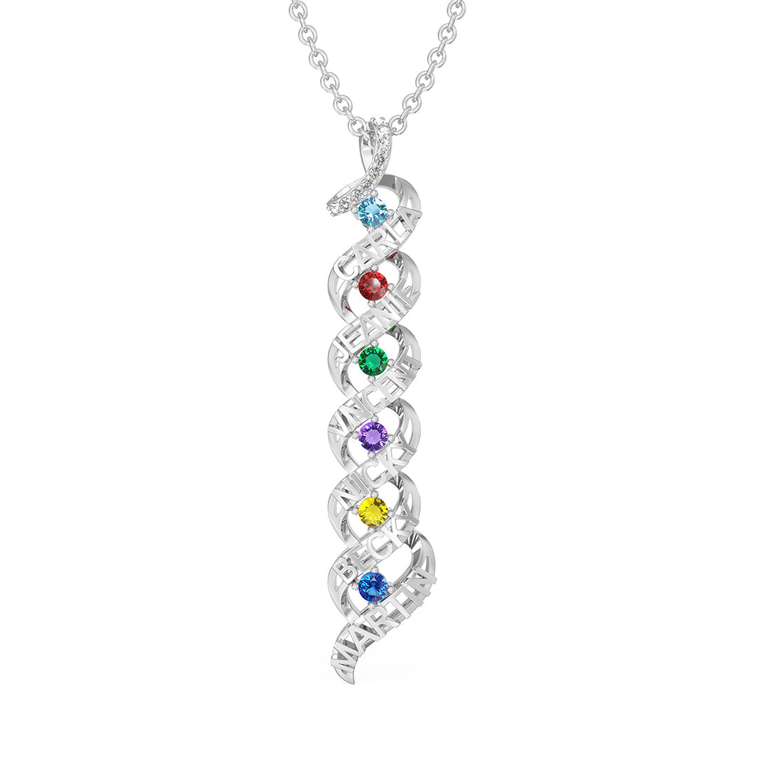 Custom 6 Birthstones 6 Names Cascading Pendant Family Necklace - Silver - Geme