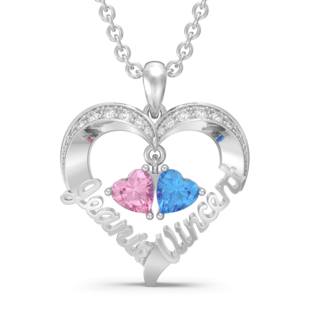 Custom Birthstone Heart Pendant Personalized Name Necklace - White Gold - Geme