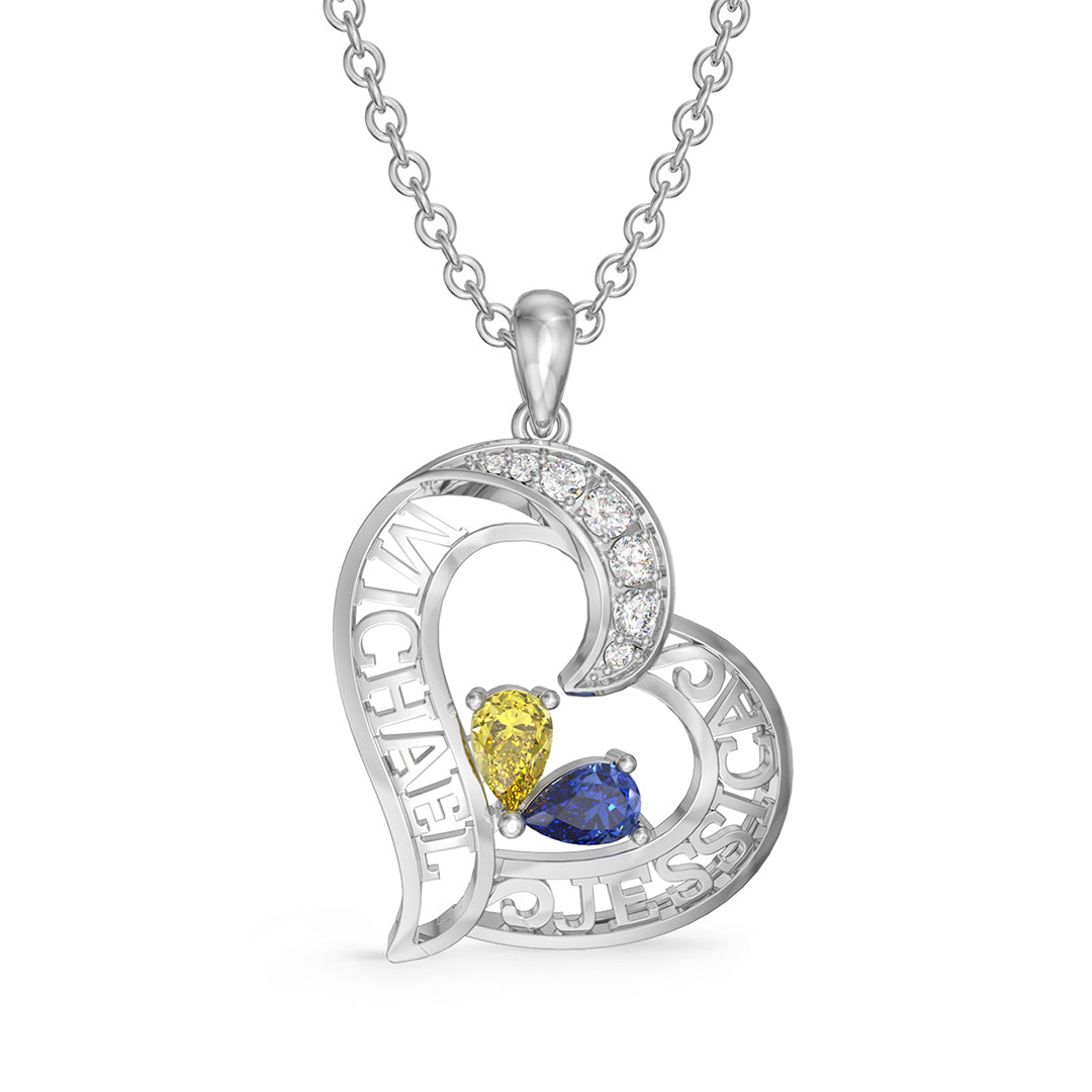 Custom Birthstone Heart Shape Necklace with Name - Silver - Geme