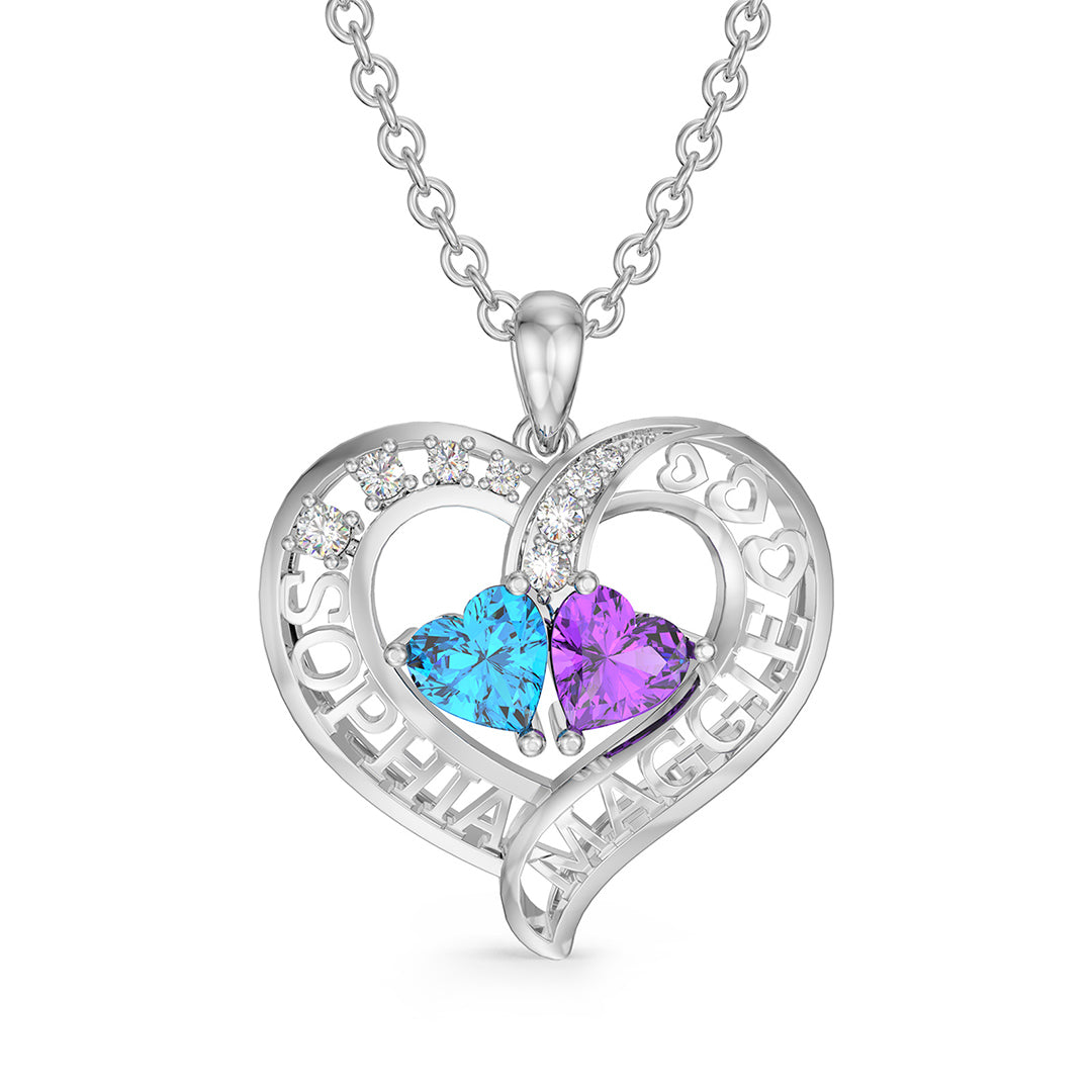 Custom Birthstone Heart Shaped Name Pendant Mother Necklace - Silver - Geme