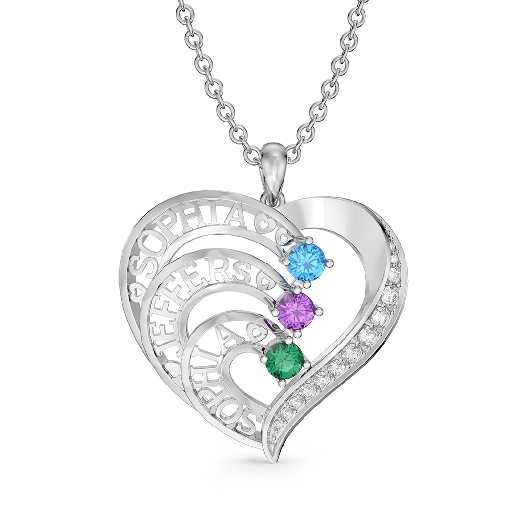 Custom Birthstone Love Heart Pendant Name Necklace - Silver - Geme