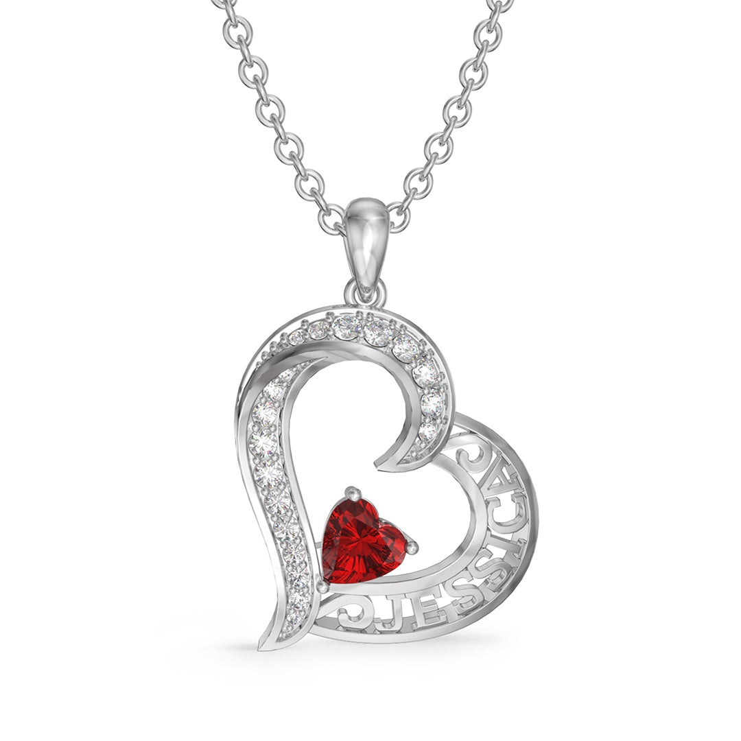 Custom Heart Pendant Name Necklace with Birthstone - Silver - Geme