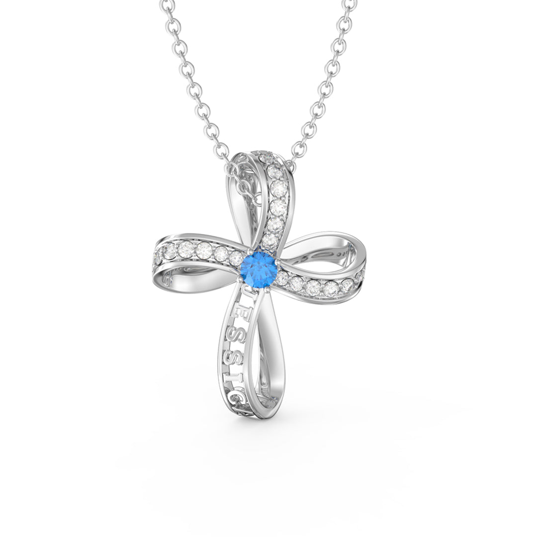 Custom Name Infinity Pendant Cross Birthstone Necklace - White Gold - Geme