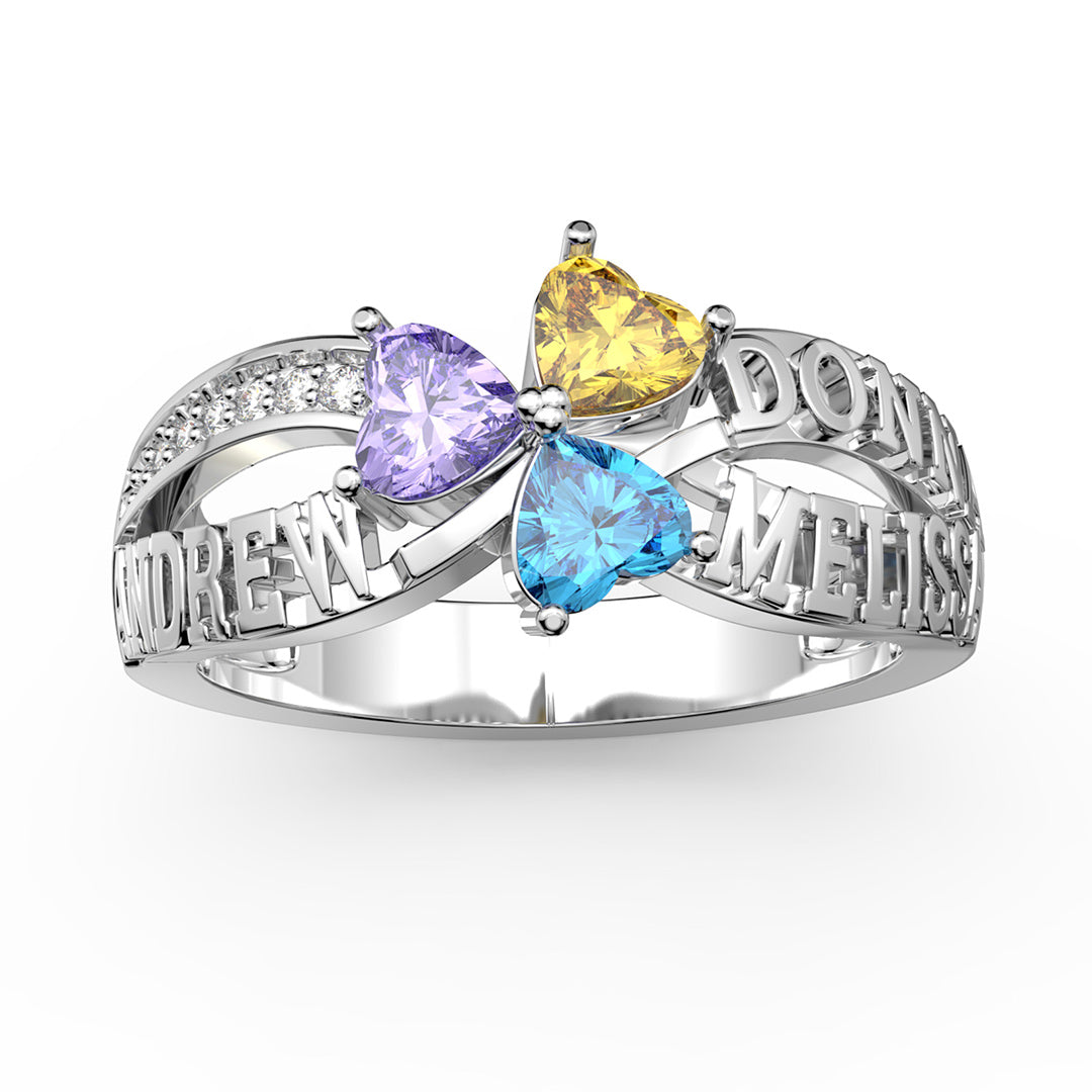 Personalized 3 Names 3 Heart Birthstones Split Shank Family Ring - Silver - Geme
