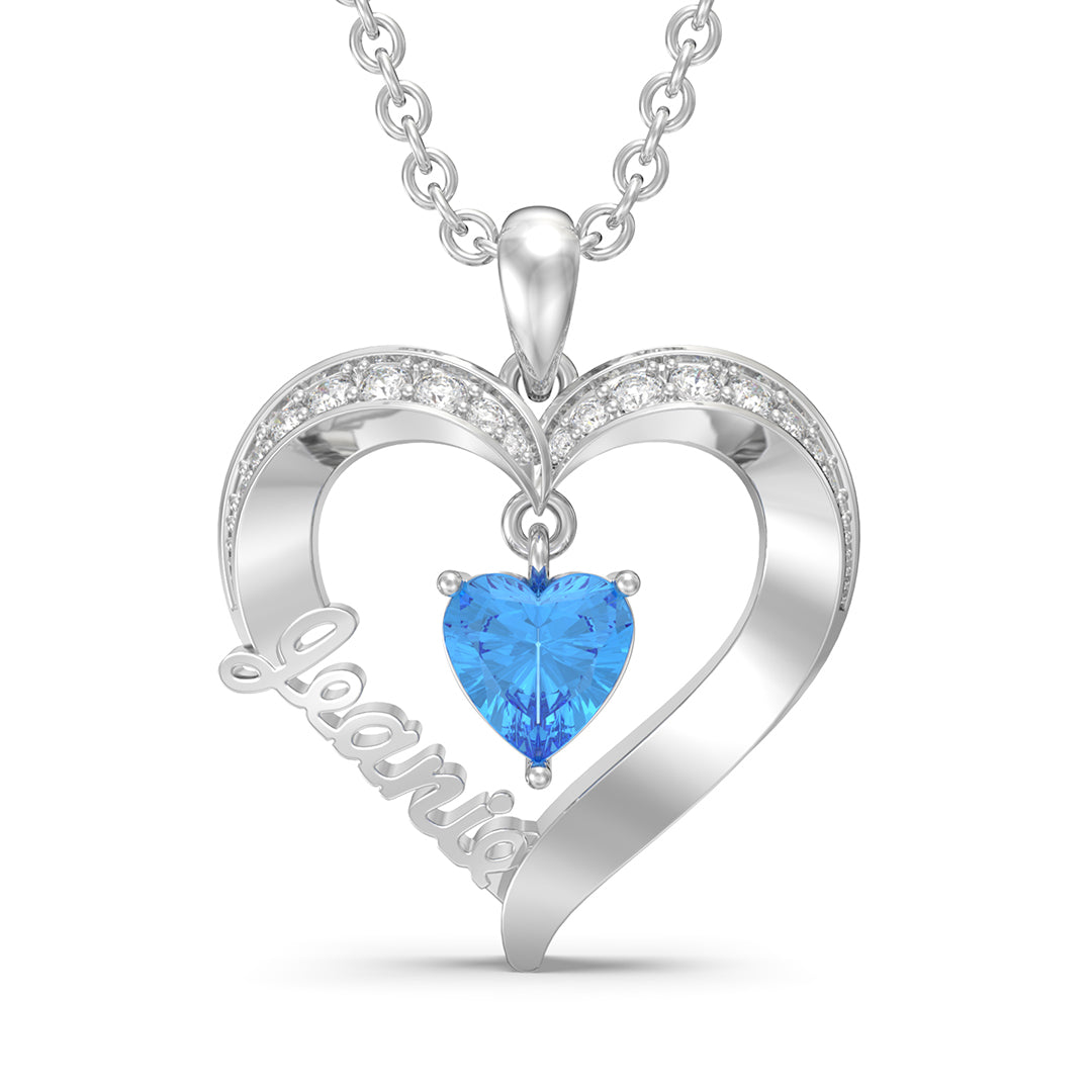 Personalized Birthstone Heart Pendant Custom Name Necklace - White Gold - Geme
